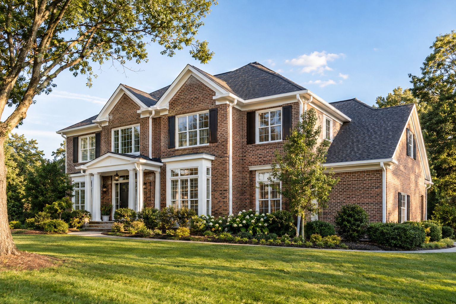 Brick two-story home with new seamless white gutters and downspouts