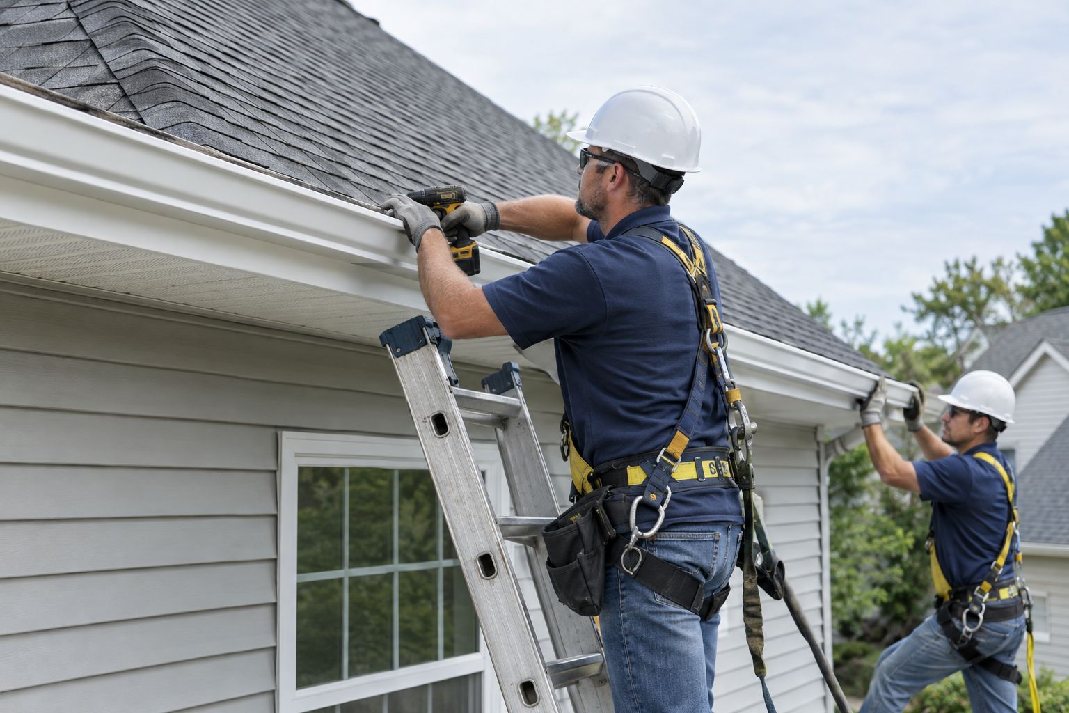 Two installers hanging a long seamless gutter section on a home