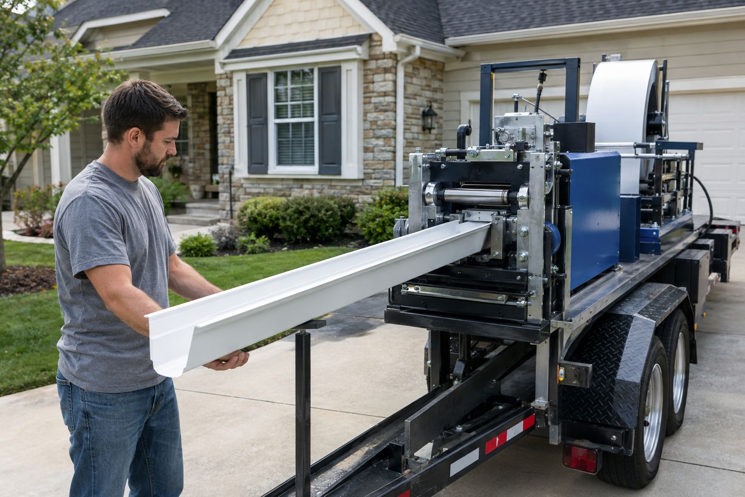 Seamless gutter forming machine in a driveway